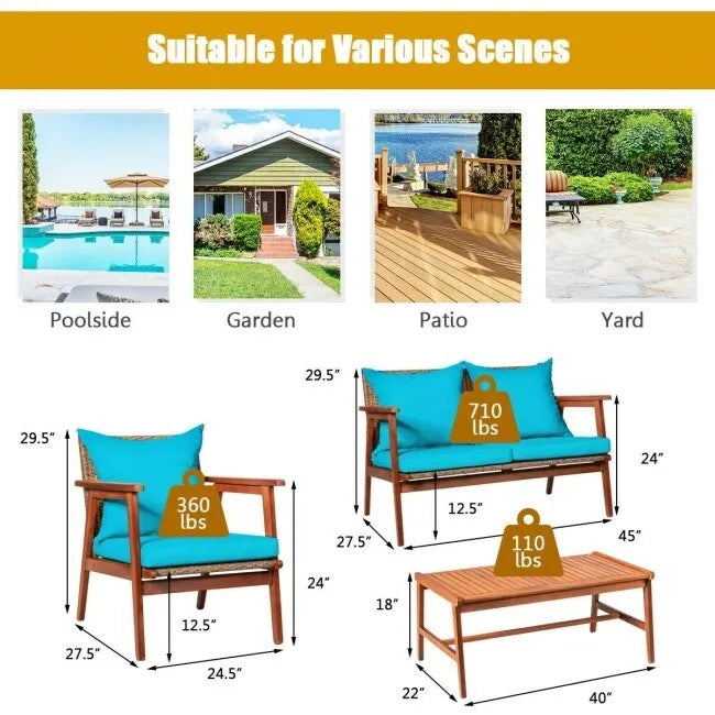4 Piece Acacia Wood Patio Rattan Furniture Set with Cushions - 45 x 27.5x 29.5 (L x W x H)