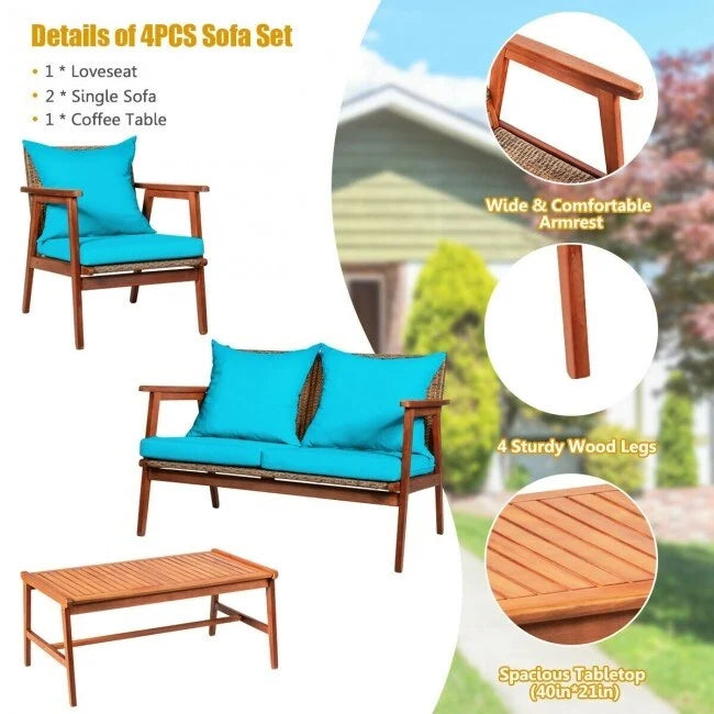 4 Piece Acacia Wood Patio Rattan Furniture Set with Cushions - 45 x 27.5x 29.5 (L x W x H)