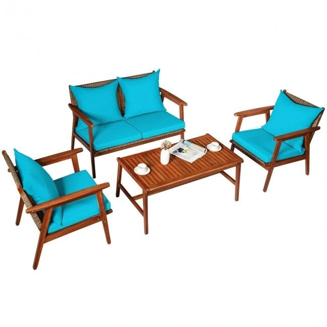 4 Piece Acacia Wood Patio Rattan Furniture Set with Cushions - 45 x 27.5x 29.5 (L x W x H)