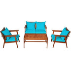 4 Piece Acacia Wood Patio Rattan Furniture Set with Cushions - 45 x 27.5x 29.5 (L x W x H)