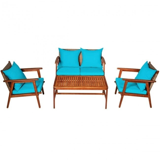 4 Piece Acacia Wood Patio Rattan Furniture Set with Cushions - 45 x 27.5x 29.5 (L x W x H)