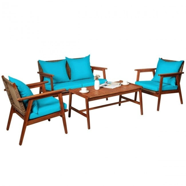 4 Piece Acacia Wood Patio Rattan Furniture Set with Cushions - 45 x 27.5x 29.5 (L x W x H)