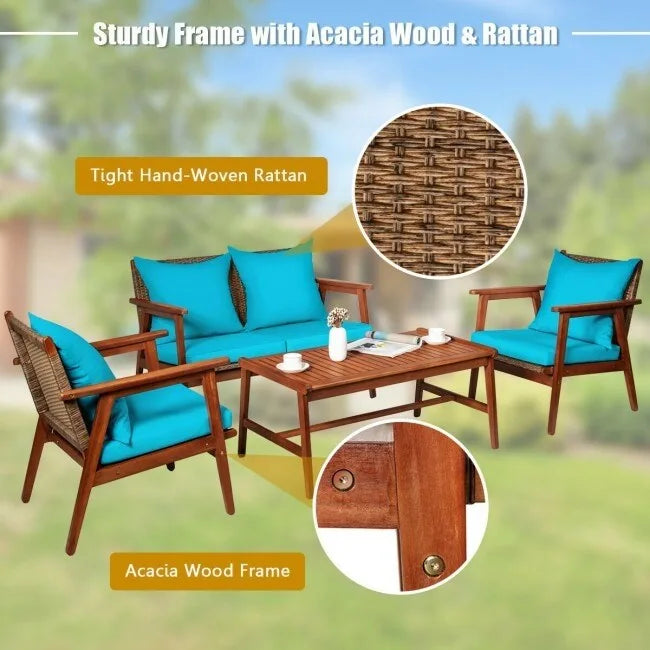 4 Piece Acacia Wood Patio Rattan Furniture Set with Cushions - 45 x 27.5x 29.5 (L x W x H)