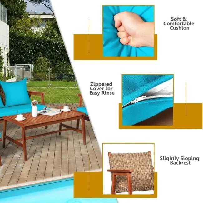 4 Piece Acacia Wood Patio Rattan Furniture Set with Cushions - 45 x 27.5x 29.5 (L x W x H)