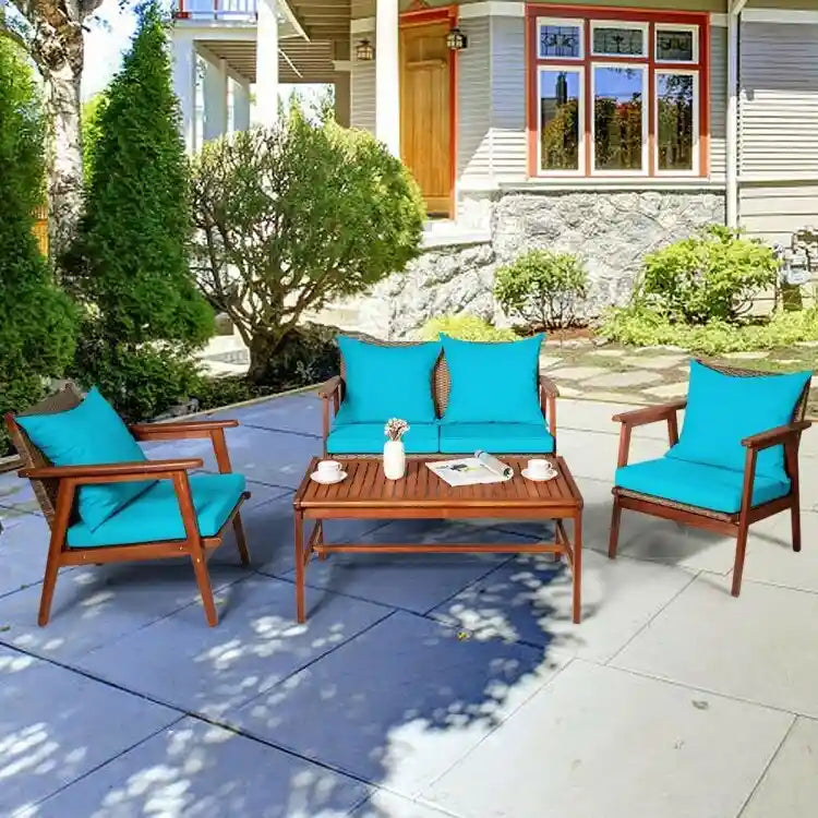 4 Piece Acacia Wood Patio Rattan Furniture Set with Cushions - 45 x 27.5x 29.5 (L x W x H)