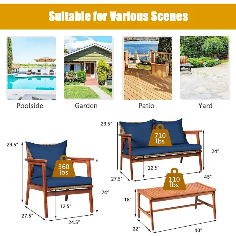 4 Piece Acacia Wood Patio Rattan Furniture Set with Cushions - 45 x 27.5x 29.5 (L x W x H)