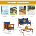 4 Piece Acacia Wood Patio Rattan Furniture Set with Cushions - 45 x 27.5x 29.5 (L x W x H)
