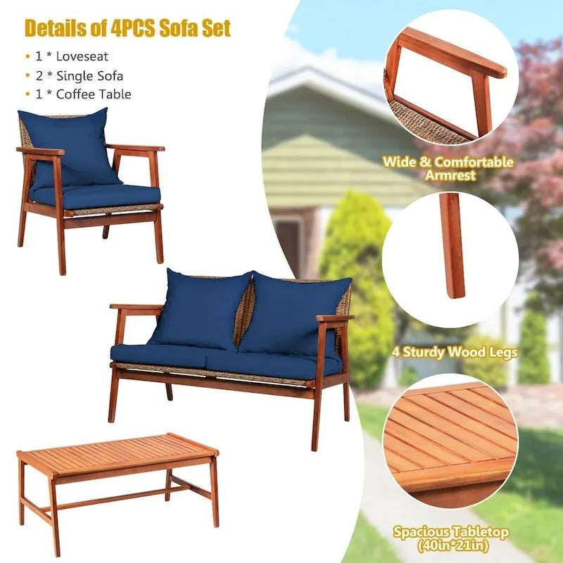 4 Piece Acacia Wood Patio Rattan Furniture Set with Cushions - 45 x 27.5x 29.5 (L x W x H)