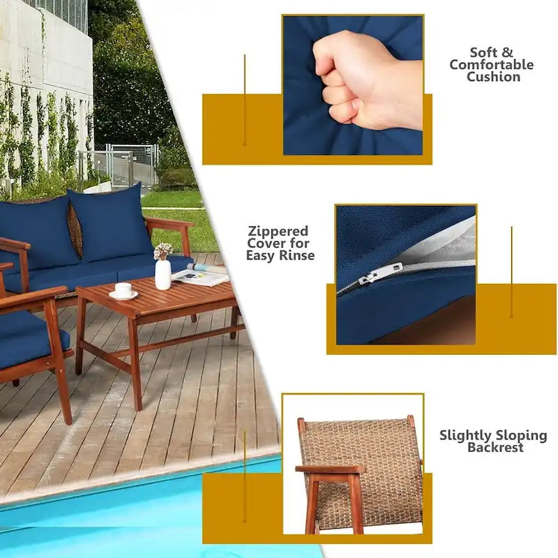 4 Piece Acacia Wood Patio Rattan Furniture Set with Cushions - 45 x 27.5x 29.5 (L x W x H)