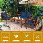 4 Piece Acacia Wood Patio Rattan Furniture Set with Cushions - 45 x 27.5x 29.5 (L x W x H)