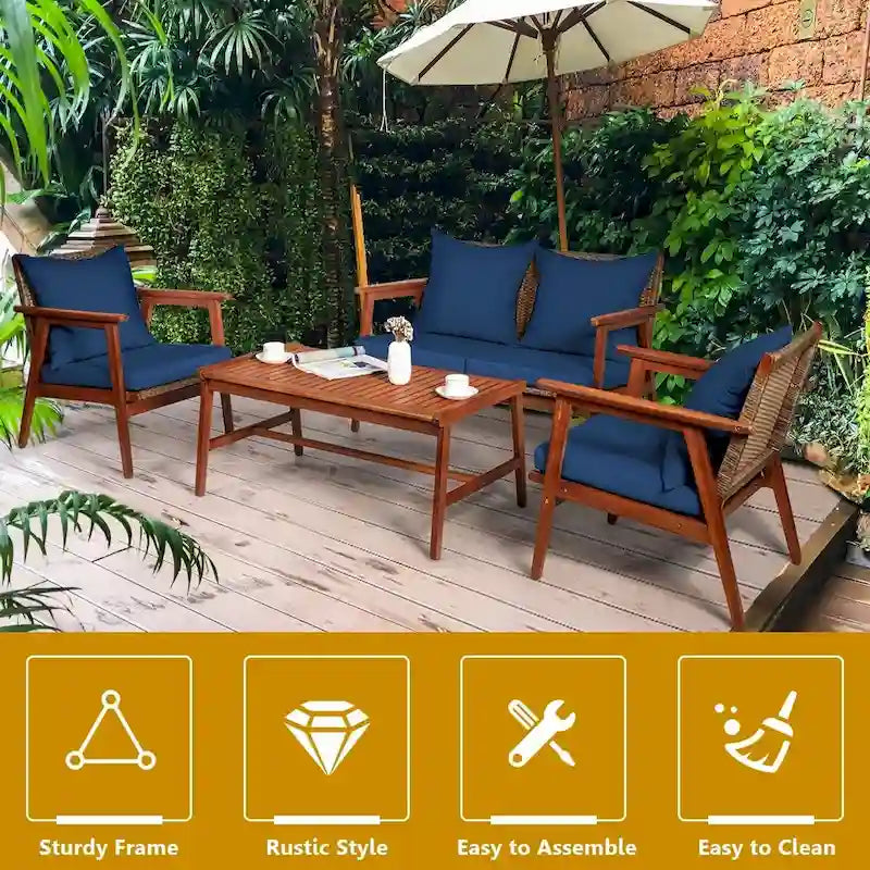 4 Piece Acacia Wood Patio Rattan Furniture Set with Cushions - 45 x 27.5x 29.5 (L x W x H)