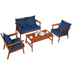 4 Piece Acacia Wood Patio Rattan Furniture Set with Cushions - 45 x 27.5x 29.5 (L x W x H)
