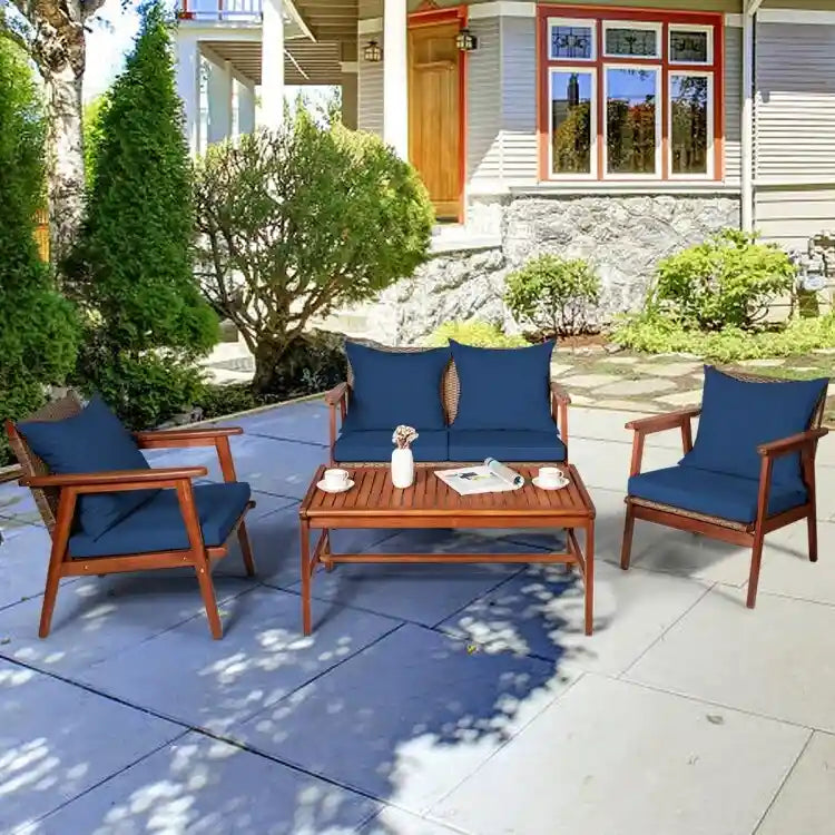 4 Piece Acacia Wood Patio Rattan Furniture Set with Cushions - 45 x 27.5x 29.5 (L x W x H)
