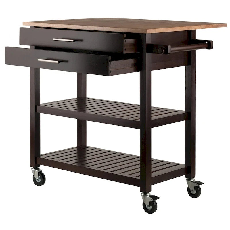 Langdon Kitchen Cart, Drop Leaf, Cappuccino and Natural - 36.57 x 26.42 x 34.45 inches