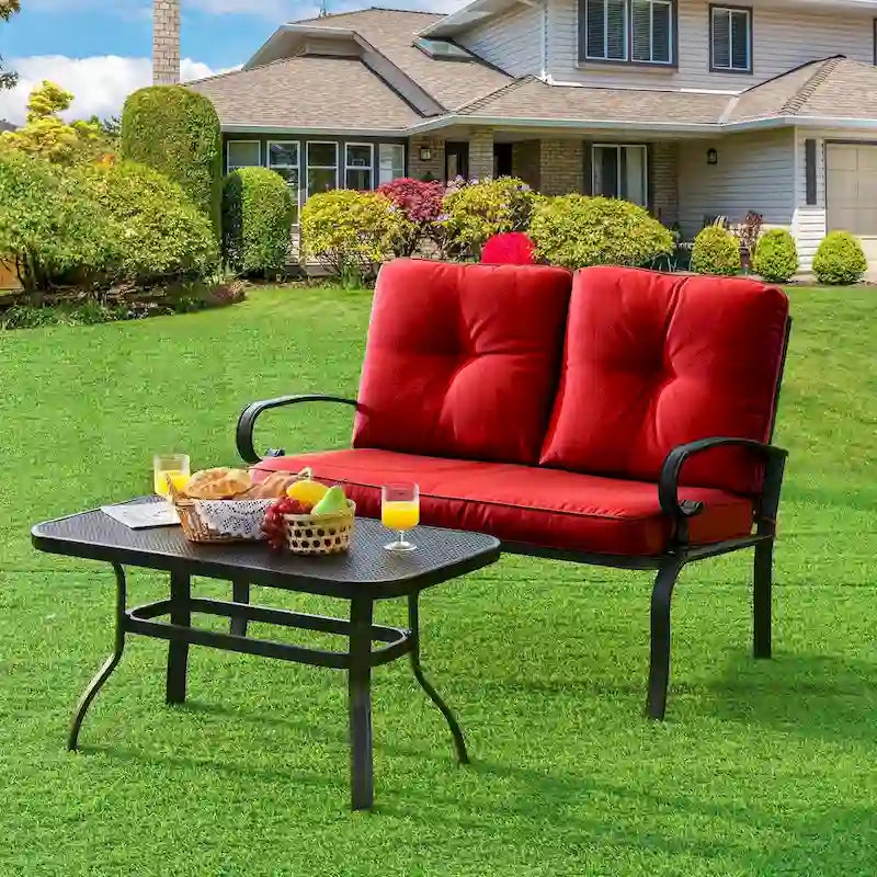 Gymax 2PCS Patio Loveseat & Table Set Conversation Sofa Set w/ Red