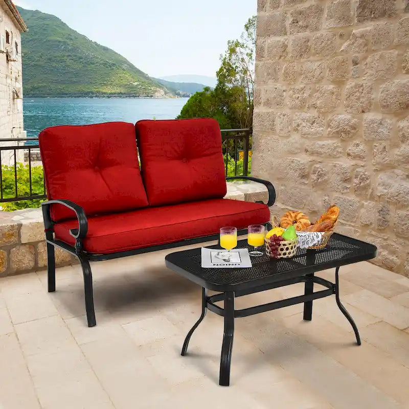 Gymax 2PCS Patio Loveseat & Table Set Conversation Sofa Set w/ Red