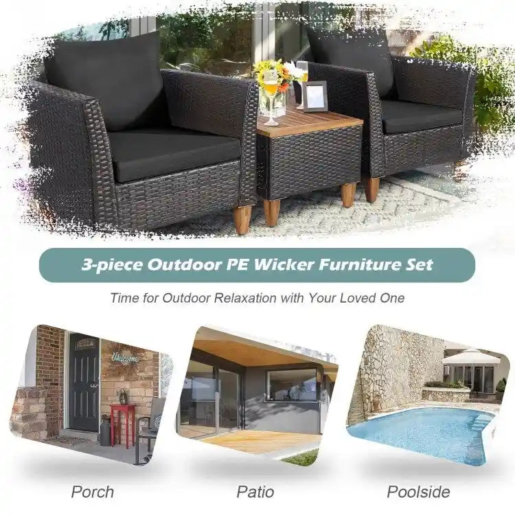 3 Pieces Patio Rattan Bistro Furniture Set with Wooden Table Top