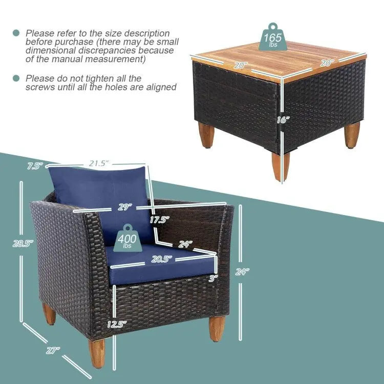 3 Pieces Patio Rattan Bistro Furniture Set with Wooden Table Top