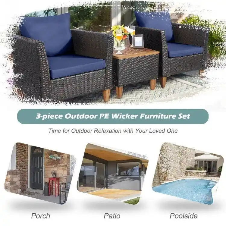 3 Pieces Patio Rattan Bistro Furniture Set with Wooden Table Top