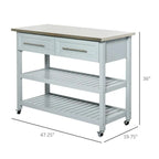 Light Gray Rolling Kitchen Island 2 Drawers Storage with Stainless Steel Top - 47.25 inches L x 19.75 inches W x 36 inches H