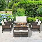 Costway 8PCS Patio Rattan Furniture Set Cushioned Chairs Wood Table - See Details