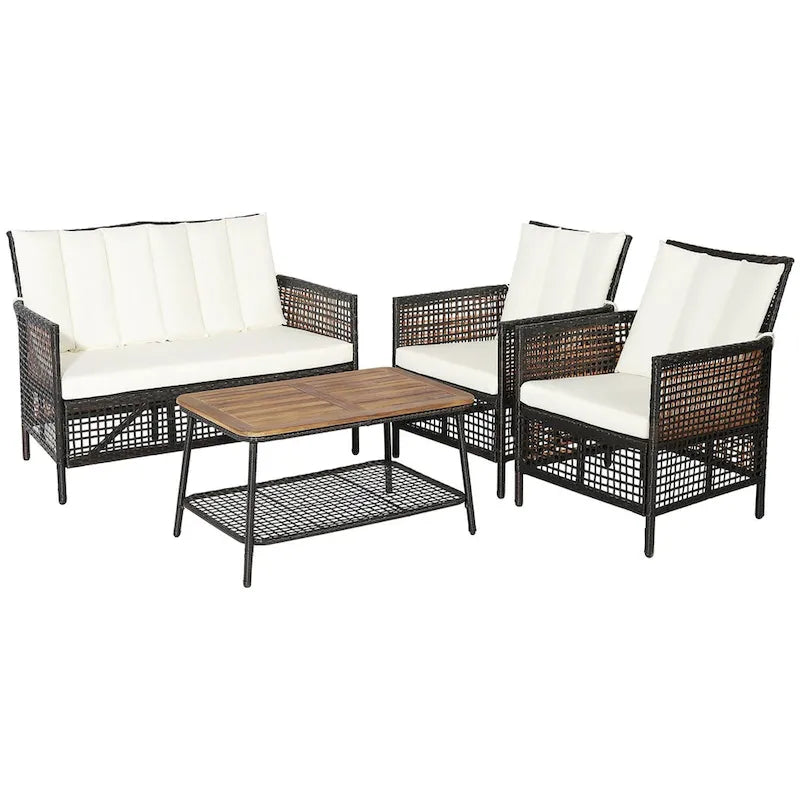 Costway 8PCS Patio Rattan Furniture Set Cushioned Chairs Wood Table - See Details