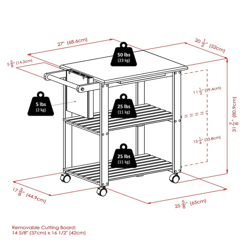 Mario Utility Kitchen Cart, Natural - 33.19 x 20.47 x 31.93 inches