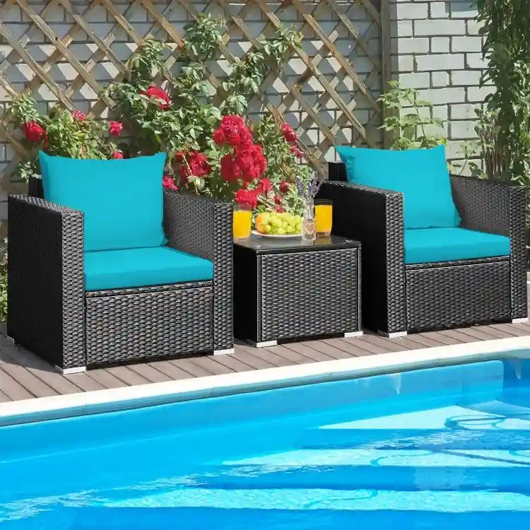 3 Pieces Patio wicker Furniture Set with Cushion - 28.5 x 27.5 x 27 (L x W x H)