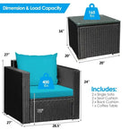 3 Pieces Patio wicker Furniture Set with Cushion - 28.5 x 27.5 x 27 (L x W x H)