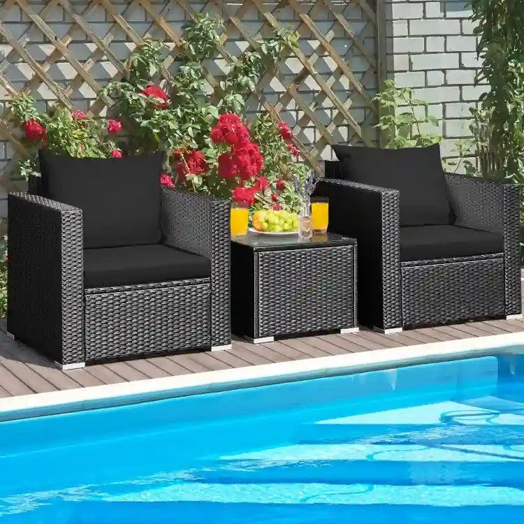 3 Pieces Patio wicker Furniture Set with Cushion - 28.5 x 27.5 x 27 (L x W x H)