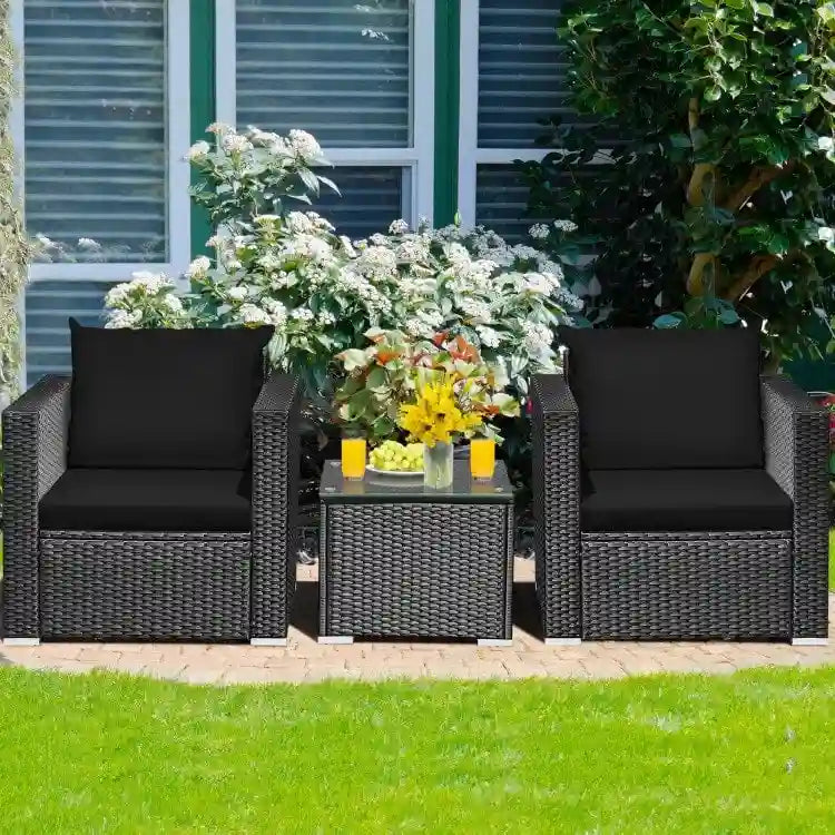 3 Pieces Patio wicker Furniture Set with Cushion - 28.5 x 27.5 x 27 (L x W x H)