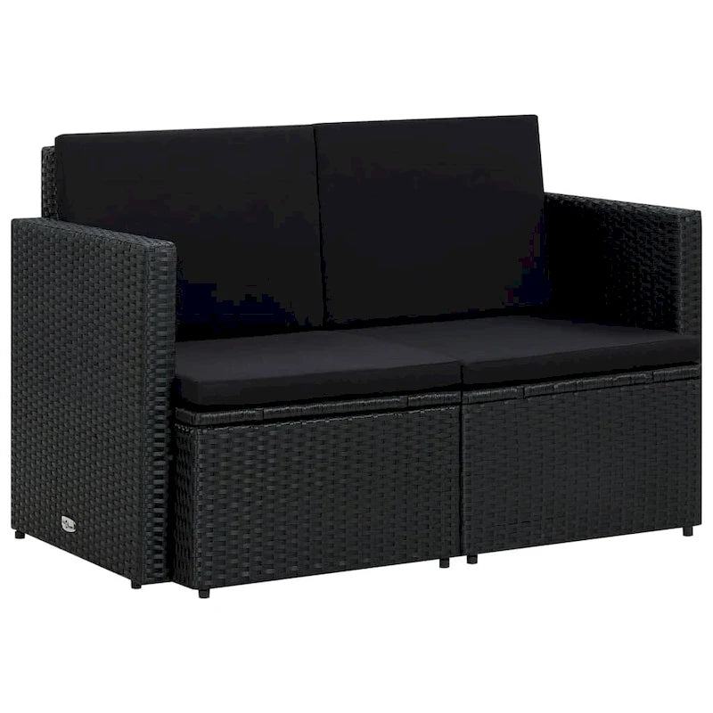 vidaXL 2 Seater Patio Sofa with Cushions Black Poly Rattan - 46.5 x 25.6 x 29.1