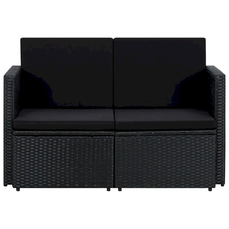 vidaXL 2 Seater Patio Sofa with Cushions Black Poly Rattan - 46.5 x 25.6 x 29.1