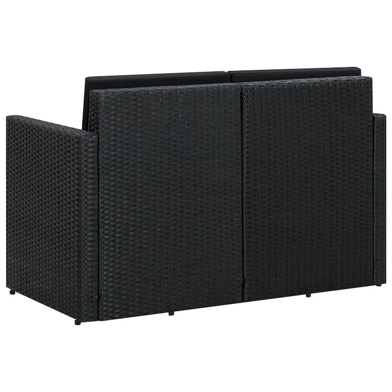 vidaXL 2 Seater Patio Sofa with Cushions Black Poly Rattan - 46.5 x 25.6 x 29.1