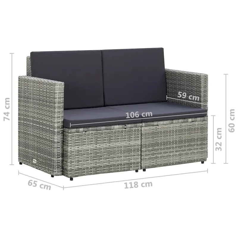 vidaXL 2 Seater Patio Sofa with Cushions Black Poly Rattan - 46.5 x 25.6 x 29.1