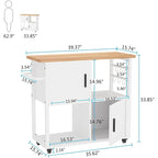 Kitchen Island with Wheels and Towel Rack, Kitchen Cart Utility Coffee Bar Cart with Shelves and Cabinet - White