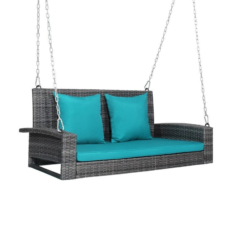 2-Person Wicker Hanging Porch Swing with 2 Back Cushions and 1 Seat Cushion - 50 x 22 x 20.5 (L x W x H)