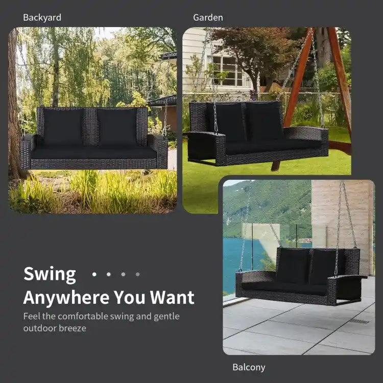 2-Person Wicker Hanging Porch Swing with 2 Back Cushions and 1 Seat Cushion - 50 x 22 x 20.5 (L x W x H)