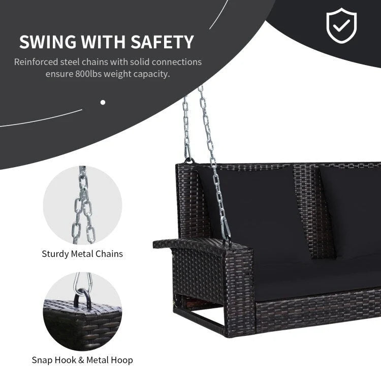 2-Person Wicker Hanging Porch Swing with 2 Back Cushions and 1 Seat Cushion - 50 x 22 x 20.5 (L x W x H)
