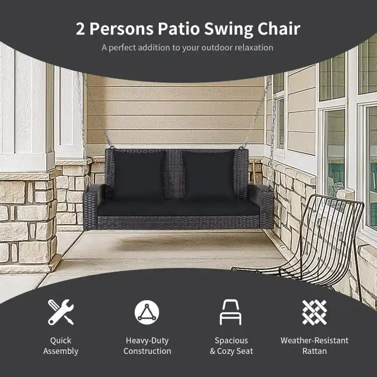 2-Person Wicker Hanging Porch Swing with 2 Back Cushions and 1 Seat Cushion - 50 x 22 x 20.5 (L x W x H)