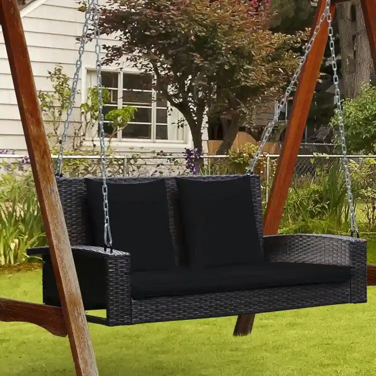 2-Person Wicker Hanging Porch Swing with 2 Back Cushions and 1 Seat Cushion - 50 x 22 x 20.5 (L x W x H)