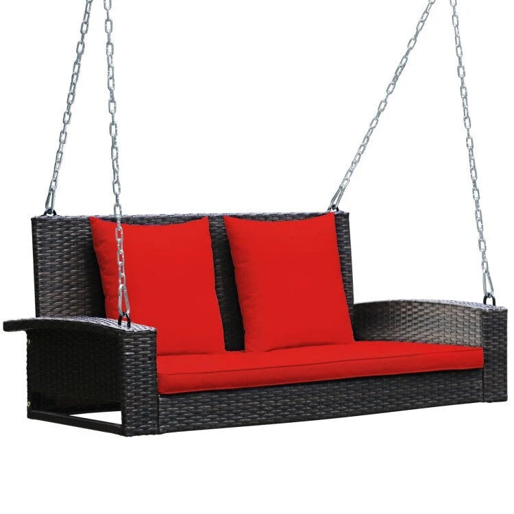 2-Person Wicker Hanging Porch Swing with 2 Back Cushions and 1 Seat Cushion - 50 x 22 x 20.5 (L x W x H)