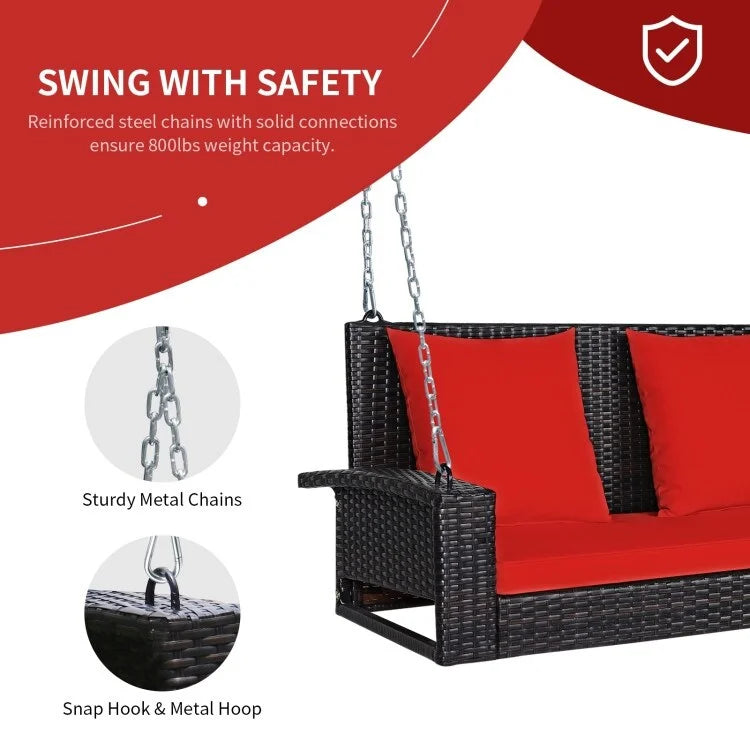 2-Person Wicker Hanging Porch Swing with 2 Back Cushions and 1 Seat Cushion - 50 x 22 x 20.5 (L x W x H)