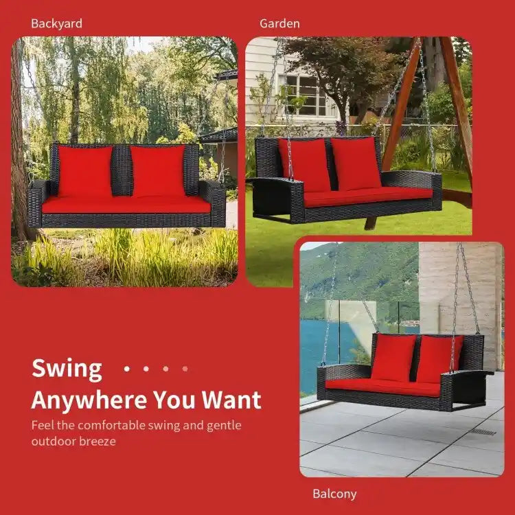 2-Person Wicker Hanging Porch Swing with 2 Back Cushions and 1 Seat Cushion - 50 x 22 x 20.5 (L x W x H)