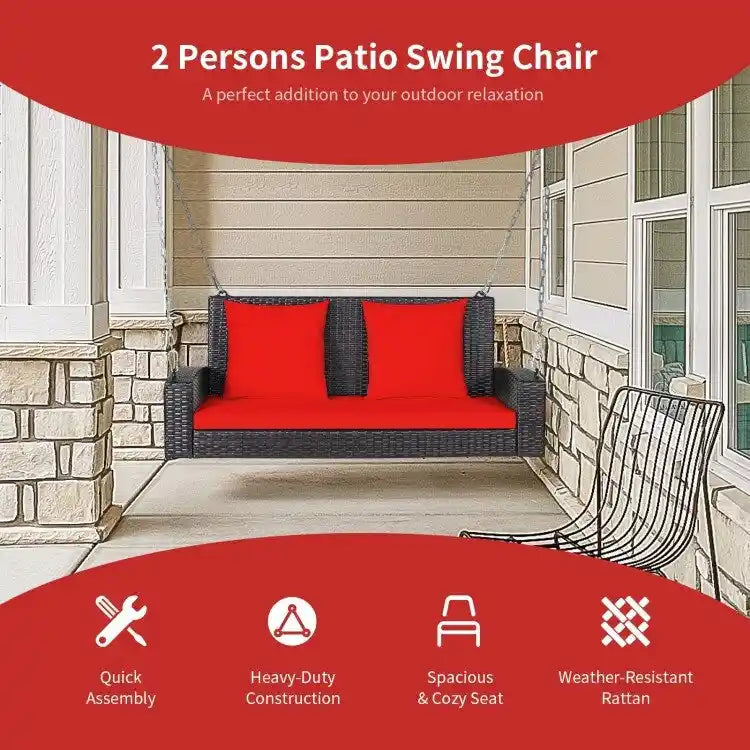 2-Person Wicker Hanging Porch Swing with 2 Back Cushions and 1 Seat Cushion - 50 x 22 x 20.5 (L x W x H)