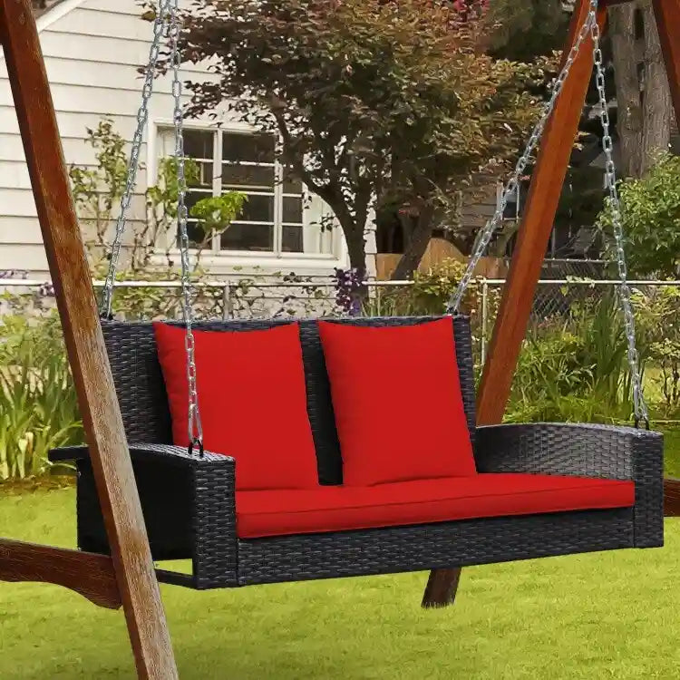 2-Person Wicker Hanging Porch Swing with 2 Back Cushions and 1 Seat Cushion - 50 x 22 x 20.5 (L x W x H)