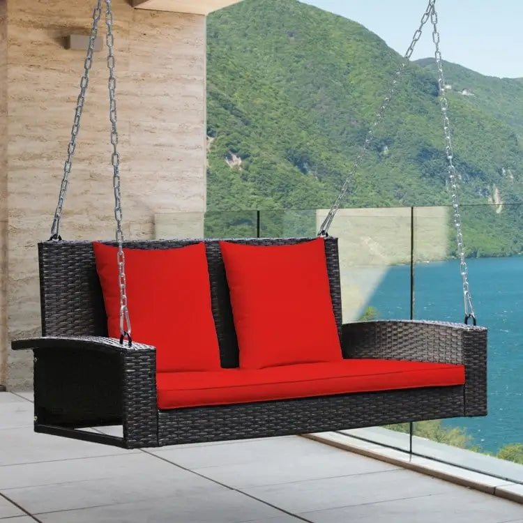 2-Person Wicker Hanging Porch Swing with 2 Back Cushions and 1 Seat Cushion - 50 x 22 x 20.5 (L x W x H)