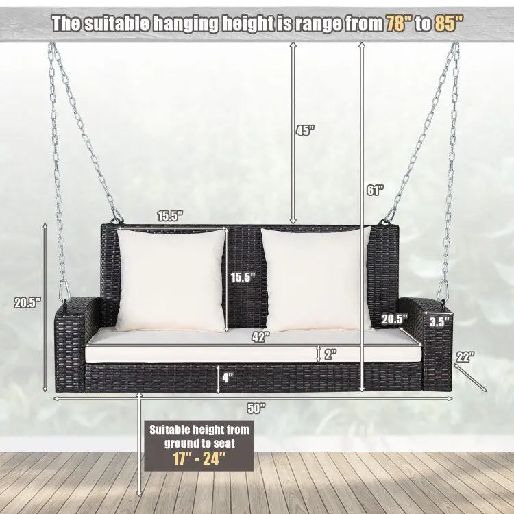 2-Person Wicker Hanging Porch Swing with 2 Back Cushions and 1 Seat Cushion - 50 x 22 x 20.5 (L x W x H)