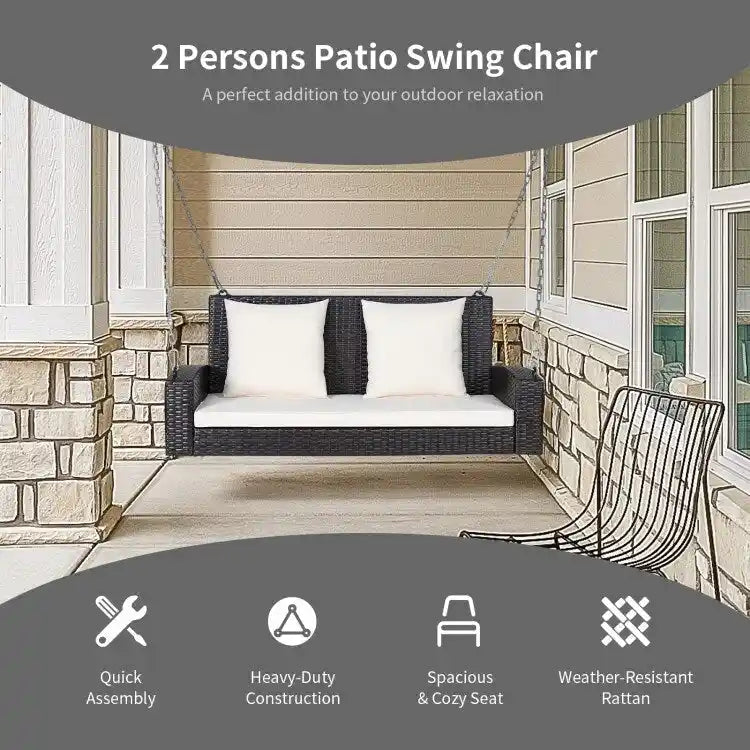 2-Person Wicker Hanging Porch Swing with 2 Back Cushions and 1 Seat Cushion - 50 x 22 x 20.5 (L x W x H)