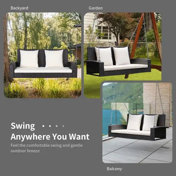 2-Person Wicker Hanging Porch Swing with 2 Back Cushions and 1 Seat Cushion - 50 x 22 x 20.5 (L x W x H)